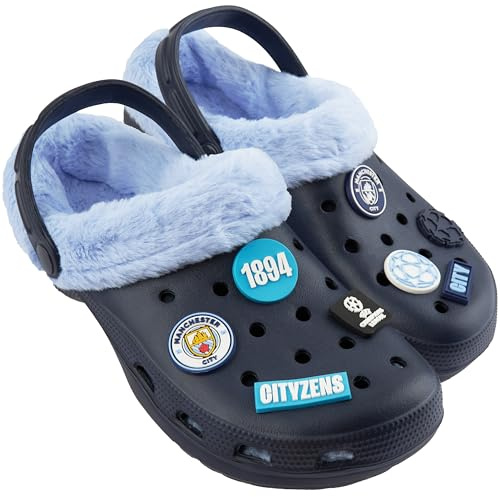 MANCHESTER CITY F.C. Clogs Mens Winter Fleece Lining & Removable Charms, Teens Garden Shoes Slip On Strap, Gifts for Men (11 UK, Blue)
