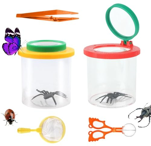 Juego de 2 lupas para vasos, atrapa insectos con lupa, vaso con lupa con red de mariposa, pinzas, juego de investigación para exterior, ciencia, naturaleza, exploración