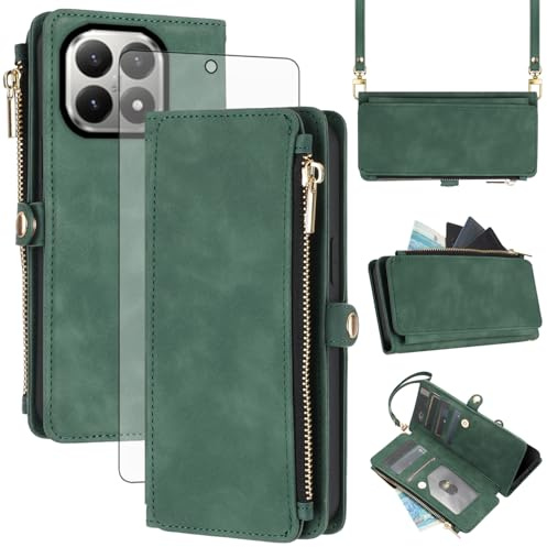 Asuwish Handyhülle für Xiaomi mi 15T Hülle mit Band und Folie Schutzfolie RFID Kartenfach Klappbar Leder Blumen Geldbörse Ständer Mi 15 T T15 5G Handy Hüllen Schutzhülle Handyhüllen Phone Case Grün