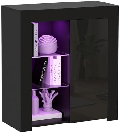 Panana Sideboard Modern Cabinet Matt Body and High Gloss Doors Sideboard 16colors LED Lighted LxWxH 29.53x15.78x32.68inch (Black)