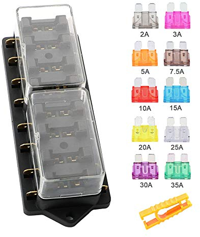 Aiqeer KFZ 8-Fach Sicherungshalter, 12V / 24V / 32V / 48V Universal Standard Blade Sicherungskasten, Sicherungsdose, Sicherungsblock, mit Feuchtigkeitsgeschützter Abdeckung und 10Pcs Flachsicherung