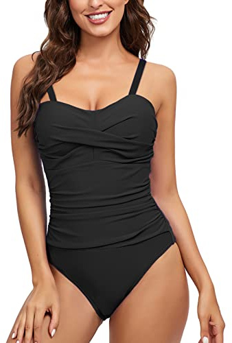 heekpek Traje de Baño Una Pieza para Mujer Bañadores Mujer Reductores Cuello en V Pliegues Bañador Bikini Retro, Negro, L