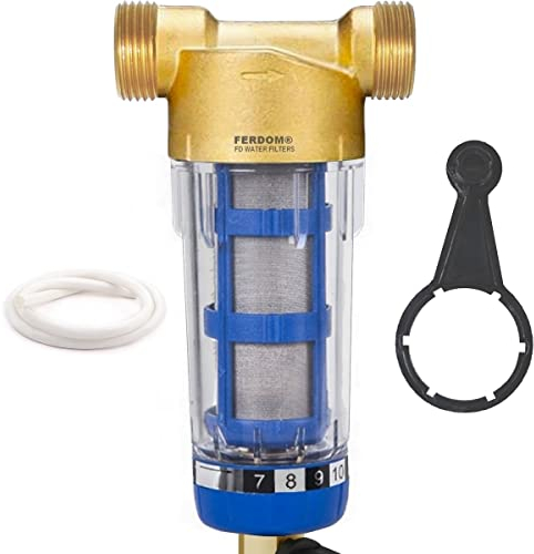 FERDOM FD246. Pré-filtre, Sédiments Spin-Down. Max 4 m3/h. Connexions 3/4 et 1 (DN20 / DN25), Maille Inox 40-60 m, 90 cm2, Réutilisable, Grattoir Intégré. Tête en Laiton, Corps Transparent.