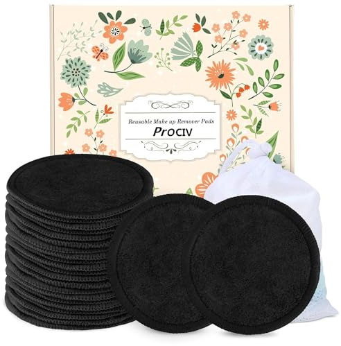 ProCIV Reusable Makeup Remover Pads - 25 Pack Washable Organic Cotton Rounds for All Skin Types & Toner with Laundry Bag, Eco Friendly Zero Waste Reusable Cotton Pads Travel Gadgets (Black)