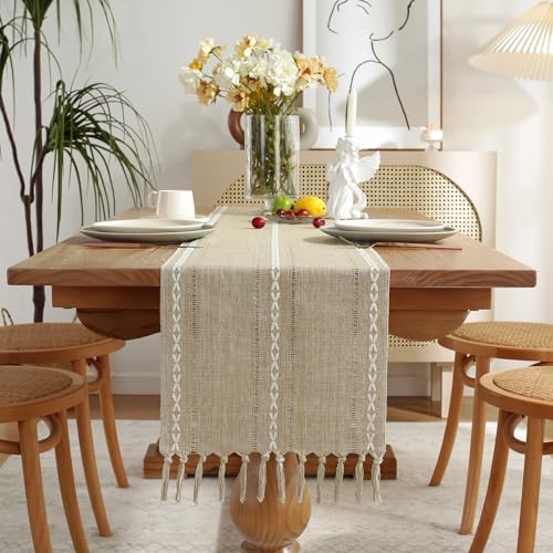 Wracra Cotton Linen Coffee Table Runner, Modern Rustic Table Runners | 33 × 275 cm, Boho Table Runner, Washable, Embroidered Hollow, Heat-Resistant, Thick and Sturdy, Dining Room, Home Decor