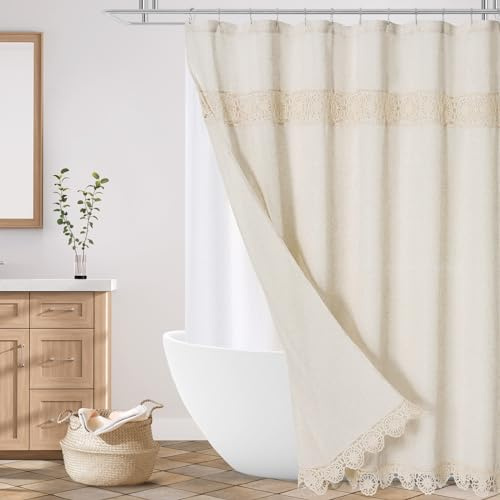 Gibelle Long Boho Farmhouse Shower Curtain Set, Linen Cotton Fabric Shower Curtain with Macrame Lace Decor, Modern Bohemian French Country Chic Bathroom Curtain with PEVA Liner 72x78 - Beige/Cream