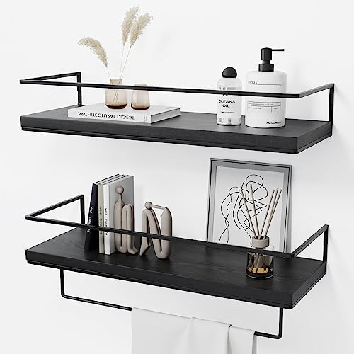 DifferTemp Wandregal, Schweberegal, Regal Wand mit Metall Handtuchhalter, Hängeregal, Regalbrett, Küchenregal Wand, Regal Hängend für Badezimmer, Schlafzimmer, Wohnzimmer, Gewürzregal Wand, Schwarz