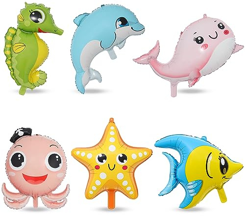 OSDUE folieballonger, 6 djurballonger, enorma djurhuvudballonger, födelsedagsdekorationer: Sjöhäst, rosa val, sjöstjärna, tropisk fisk, delfin, bläckfisk