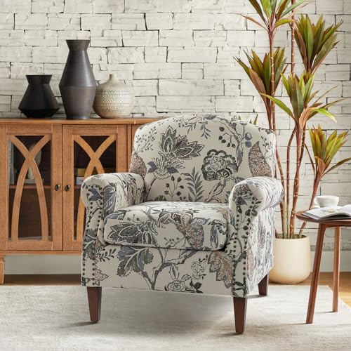 HULALA HOME Modern Armchair Accent Chair with Wood Legs & Removable Cushion, Comfy Upholstered Nailhead Trim, Floral Design Single Cozy Club Sofa for Reading Office Living Room Bedroom, GREY