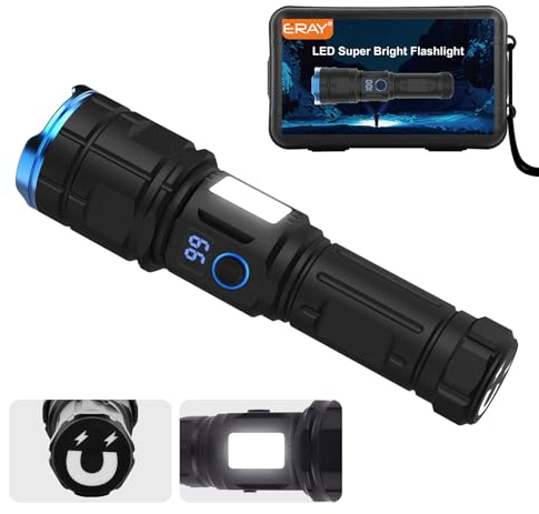 ERAY LED Super Bright Torch, USB Rechargeable Waterproof Handheld Flashlight, 7 Modes High Lumens Powerful Flashlights, Zoomable Torches with Power Display & USB Output for Emergency Hiking Camping