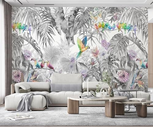 MIWEI Wallpaper Papier Peint Panoramique La Forêt Tropicale Perroquet De Bambou Quitte Noir Et Blanc Palmier Papier Peint Nature Intissé Murale Chambre Salon (330cmX245cm)