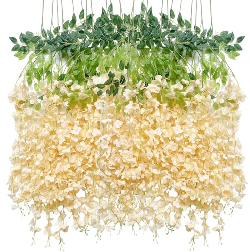 Artificial Flowers Hanging Flowers, Fake Wisteria Flower Garland Silk Vines Rattan String Decor for Home Wedding Arch Wall Garden Greenery Bedroom Outdoor Office Party Decoration (36, Champagne)