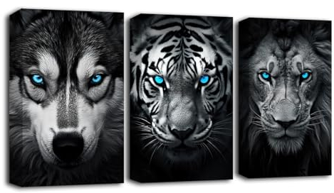 LZIMU Black and White Animals Wall Art Set of 3 Wolf Tiger Lion with Blue Eyes Painting Print on Canvas Wildlife Picture Wall Decor for Office Framed (Animal-1, 11.00x14.00x3P)