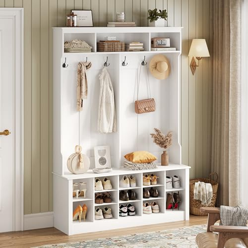 Wodeer Hall Tree with Bench and Shoe Storage, 53 Farmhouse 4-in-1 Mudroom Storage Organizer with Coat Rack, 6 Hooks, 12 Shoe Cubbies, Adjustable Shelf, for Entryway, Hallway, Living Room, White