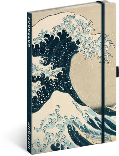 NOTIQUE Notizbuch Liniert mit Gummiband 13x21cm ca. A5, Designer Hardcover Notebook, Notizblock, Notizheft, Journal, Tagebuch für Erwachsene, Damen (Katsushika Hokusai)