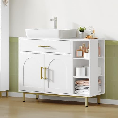 Hzuaneri Meuble sous Lavabo, Meuble de Salle de Bain, 1 Tiroir 2 Portes, Compartiment Ouvert avec 3 Niveaux, Gauche et Droite Interchangeables, Compartiment Réglable, Blanc, 30 x 80 x 64cm BC28813G
