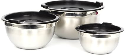 BIRAMBEAU, Ensemble de 3 Bols en Acier Inoxydable avec Couvercles, Bols de Service Empilables, Argenté et Noir