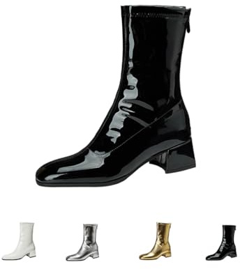 Botines De Charol Para Mujer, Elegantes Botas Informales De Punta Cuadrada Tacón Bloque Y Cremallera Trasera Botines Tacón Medio A La Moda Botas Montar Para Fiestas Al Aire Libre,Negro,43 EU