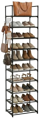 Ribech Rangement Chaussures 10 Niveaux avec Crochets – Étagère en Fer Réglable, Plateaux Amovibles pour Bottes, Gain de Place pour Entrée & Salon, Noir (40x30x175 cm)