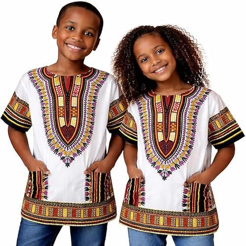 Adalex Global Dashiki - Camicia africana per bambini, design tradizionale, vestiti autentici per bambini con motivi etnici e stampa africana, Bianco Arancione Giallo, 6-8 Anni