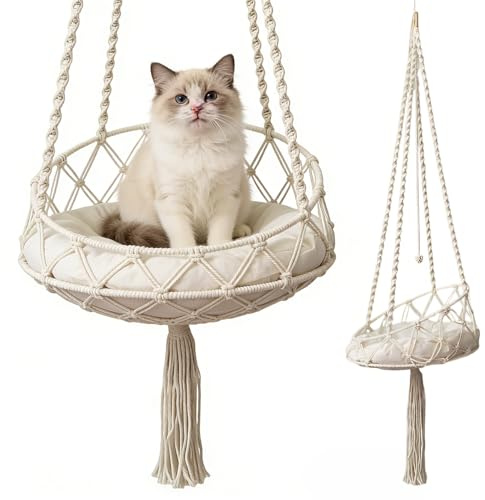 Kattgunga, HOVCEH Boho makramé, katt, hängmatta med kattleksakspinne, 40 cm katthängmatta, hängande fönster för trädgård, terrass, balkong, vardagsrum