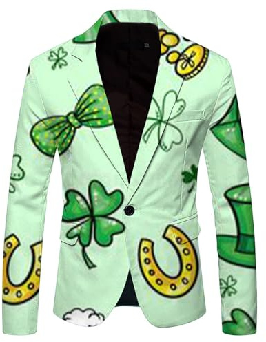 St. Patrick's Day Blazers for Men - St. Patrick's Day Party Jacket, Ireland Irish Lucky Shamrock Green Blazer Novelty Funny Green Slim Fit Leprechaun Print Formal Blazer for Paddy's Day Party