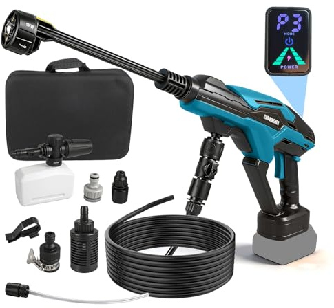 Batteridriven högtryckstvätt 990PSI mobil högtryck vattenpistol kompatibel med Makita 18 V batteri med borstlös motor 6-i-1 munstycke 3 inställningsnivåer LED-skärm för bilar, väggrengöring (utan