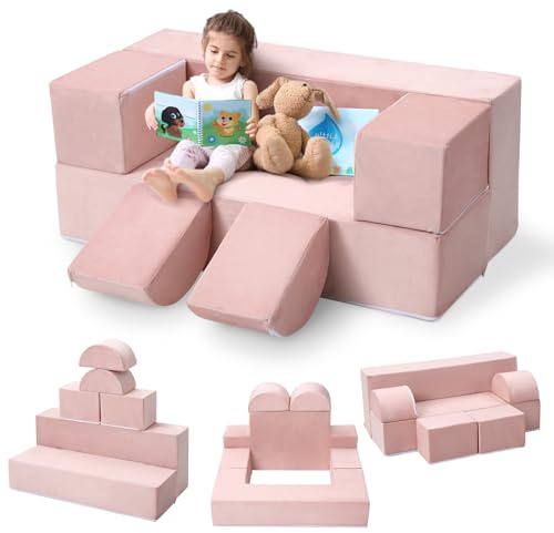 GarveeMore Canapé modulable Enfant 6 pièces Mousse Convertible – Housses Amovibles lavables – Doux, empilable pour Jouer, Lire, se Reposer – Rose, 100×40cm