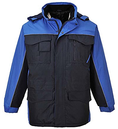 Portwest S562 RS Parka Infällbar Huva Tejpade Sömmar Flera Fickor Vattentät | Marinblå/Kungsblå, 2XL, EN 343 Klass 3:1, Unisex, Fleecefodrad Krage, Lång Ärm, Quilt Fodrad, Reflekterande, Polyester