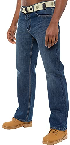 Enzo Mens Straight Leg Jeans Regular Fit Denim Trousers Pants Zip Fly Free Belt