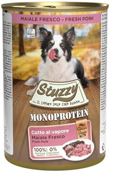 Stuzzy Monoprotein Cibo Umido per Cani con Maiale, 100% Proteine Animali, 0% Proteine Vegetali, Cotto al Vapore, Alimento Completo, 6 x 400  g