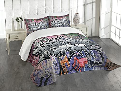 ABAKUHAUS Ziegelwand Tagesdecke Set, Graffiti Grunge Wall Art, Set mit Kissenbezug Feste Farben, für Einzelbetten 170 x 220 cm, Grau Rosa