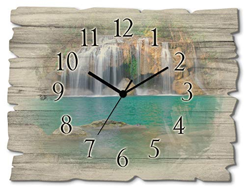 ARTLAND Wanddeko Wanduhr ohne Tickgeräusche aus Holz Funkuhr 40x30 cm Rechteckig Lautlos Wasserfall Landschaft Wald Natur Thailand Fluss S6CI