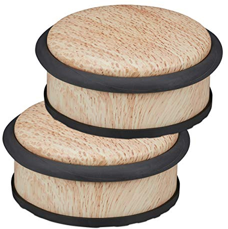 Relaxdays Türstopper Boden, für schwere Türen, Edelstahl, Gummi, flach, Holzoptik Bodenpuffer, H x D: 5 x 10,5 cm, natur