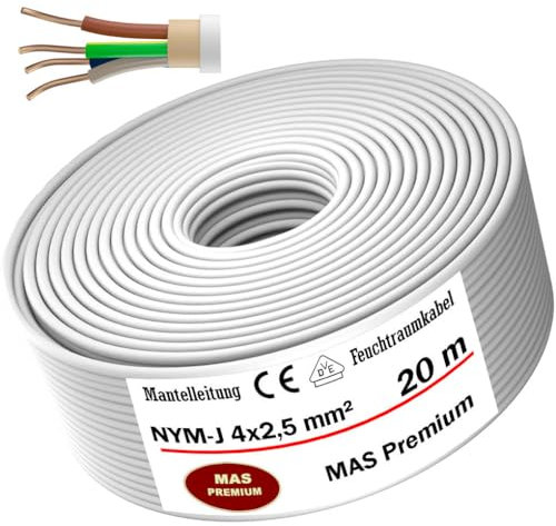 Cable de alimentación Mas-Premium® para ambientes húmedos con cable eléctrico para instalación por encima y por debajo de yeso en ambientes secos y húmedos fabricado en Alemania (NYM-J 4x2,5mm² 20m)