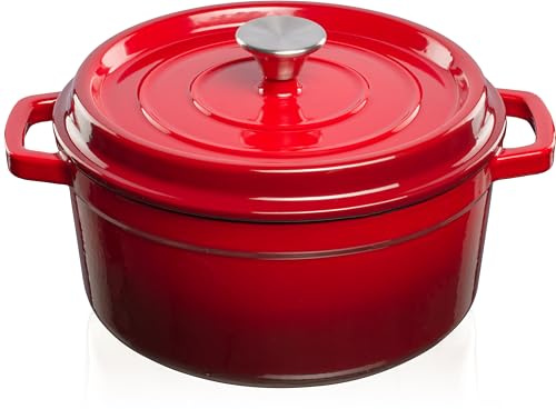 GRAND FEU Dutch Oven Cast Iron Cooking Pot With Lid I Red / 4.7 L / 26 cm I Casserole Dish I Grandfeu Enamelled