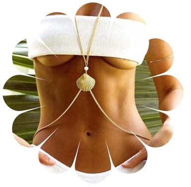 Sttiafay Gold Taille Körperkette Boho Muschel Perle Charme Körper Bauch Kette Sexy Bikini BH Geschirr Brust Kette Party Nachtclub Accessoire Für Frauen Teen Mädchen