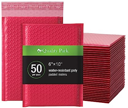 Quality Park Bubble Mailers, 6 x 9 Shipping Envelopes, Water Resistant Red Poly Padded Envelopes, Redi-Strip Peel Off Closure, 50 Per Box (QUA85864)