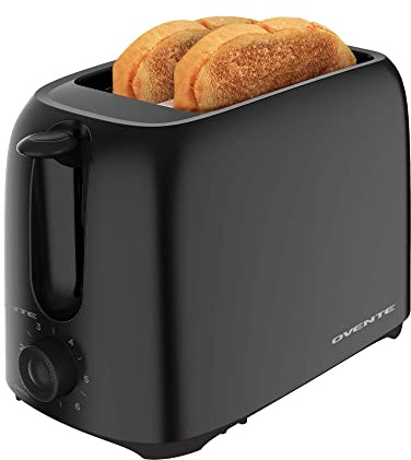 OVENTE Electric 2 Slice Toaster Machine with 6-Shade Browning Selector Setting, Compact Design and Removable Crumb Tray, 700W Power Perfect for Toasting Bread, Thin Bagels and Waffles, Black TP2210B