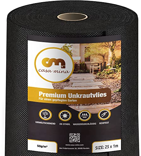 Casa Mina Unkrautvlies 25m² | Gartenvlies wasserdurchlässig gegen Unkraut 50g/m² | Vlies für den Garten, das Hochbeet & Co | Beet & Garten Abdeckvlies | Unkrautfolie wasserdurchlässig (25m x 1m Rolle)