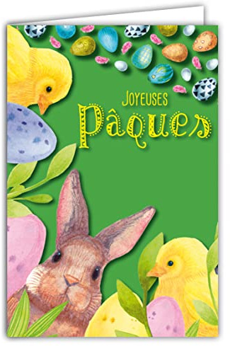 62-1019 Carte Joyeuses Pâques Fête Printemps Lapin Poussins Jaunes Poule œufs peints Animaux Illustration Enfant Jeunesse avec Enveloppe Format 12x17,5cm Papier PEFC 300gr Brillant Fabriqué en France