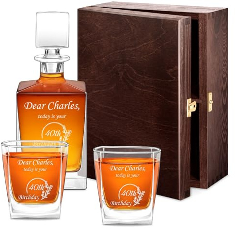 Maverton Geometric Whiskey Decanter and Glasses with Engraving - Symmetrical Carafe for him - 2/4/ 6 Customised Glasses for man - Stylish Barware for Birthday - Whisky Set for Husband - Wishes