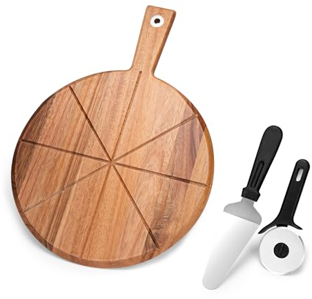 Acacia Wood Pizza Board, 12 inch Pizza Board Set with Pizza Cutter and Pizza Spatula, Round Pizza Serving Board with Handle, Pizza Cutting Board for Bread, Vegetables, Camping, RV