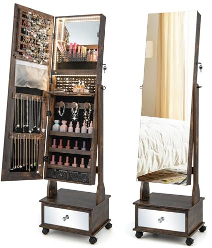 GOPLUS Armoire à Bijoux avec Roues, Organisateur de Bijoux Verrouillable avec LED 3 Couleurs, 3 Angles Réglables, Miroir Intégré, Armoire à Bijoux avec Miroir sur Pied avec Grand Rangement (Café)