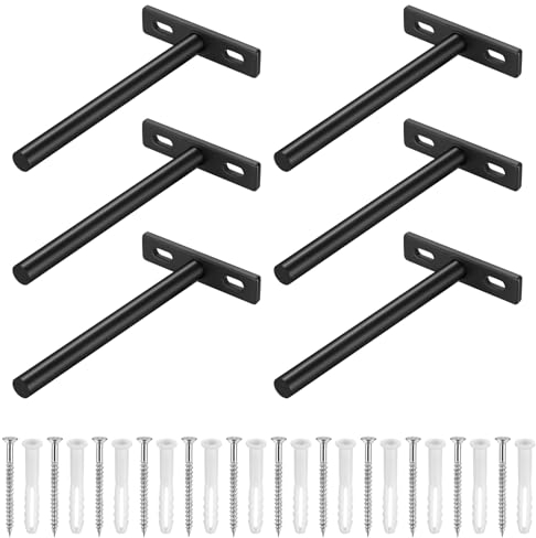 6 Pcs Supports d'étagère Muraux Flottants, Equerre Etagere Murale Métal, Support Etagere Murale Fixation Invisible, équerre d’étagères en T Charge Lourde pour étagère, Noirs, 124x70 mm