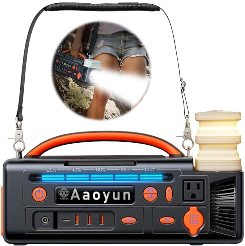 Aaoyun Portable Power Station 300W, 296Wh Solar Generator with 100W USB-C In/Output, Night Light & LED Flashlight, Compact Camping Battery with Strap for Outdoor CPAP Home Backup Emergency