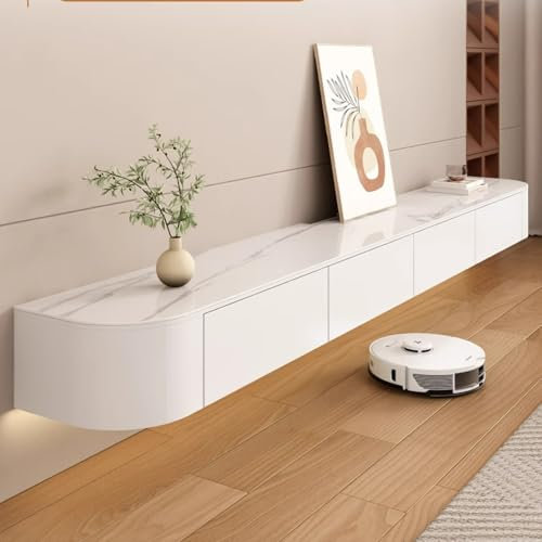 FGNIXLN Meuble TV,Largeur 200 cm,Lowboard TV,Meuble TV Suspendu,Meuble Salon,Style Moderne Blanc + Pierre frittée