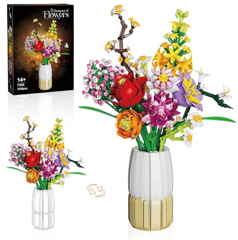 Set de Construction de Bouquet de Fleurs avec Vase 2 en 1, Sets de Bouquets de Fleurs Artificielles pour Adultes et Femmes, Compatible avec la Botanicals de Bouquets de Fleurs Lego, 1458 Pièces