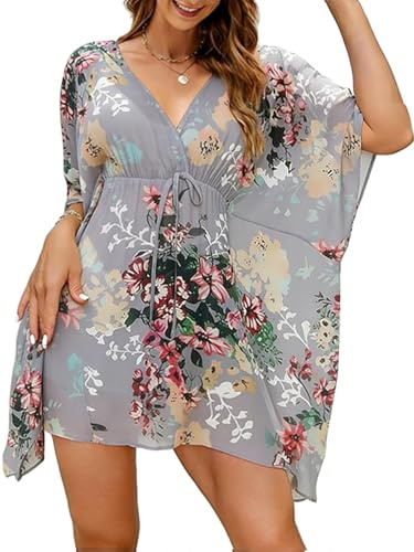 Vossmi Copricostume Donna Mare Spiaggia Coprire con Coulisse Allentato a Manica Lunga con Scollo a V Coprire Coulisse Casual Estate Abito da Spiaggia,Boho Print