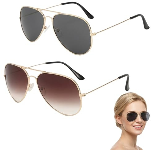 Wvbzf 2PCS Sunglasses Women for Aviator, Stylish Sunglasses Men's, Classic Gold Frame Sunglasses with Dual-Colour Lenses, Pilot Style for Driving, Outdoor Activities